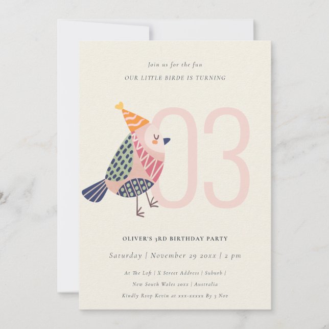Invitación Cute Rubor Pink Birdie Any Age 3er cumpleaños (Anverso)