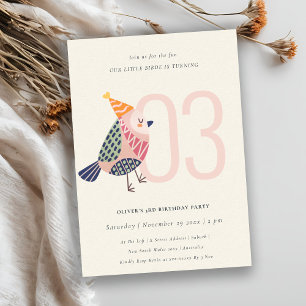Invitación Cute Rubor Pink Birdie Any Age 3er cumpleaños