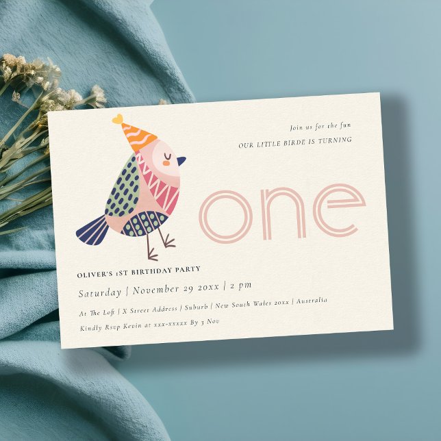 Invitación Cute Rubor Pink Birdie Cualquier Edad Primer Cumpl (Subido por el creador)