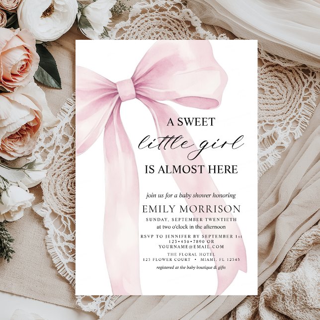 Invitación Cute Rubor Pink Bow Sweet Little Girl Baby Shower (Subido por el creador)