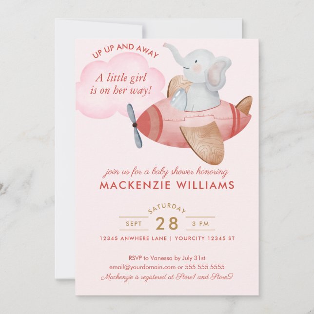 Invitación Cute Rubor Pink Elephant Plane Chica Baby Shower (Anverso)
