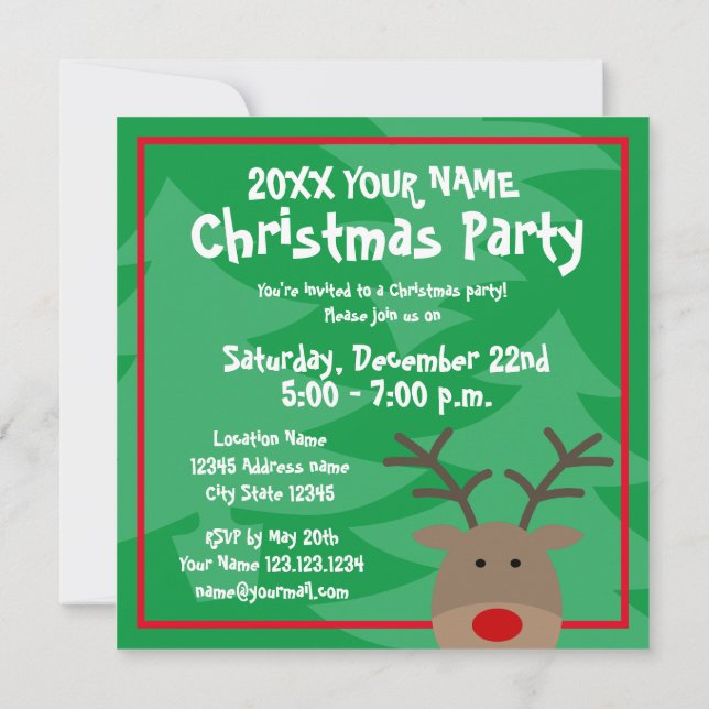 Invitación Cute Rudolf, fiesta de Navidades de renos de nariz (Reverso)