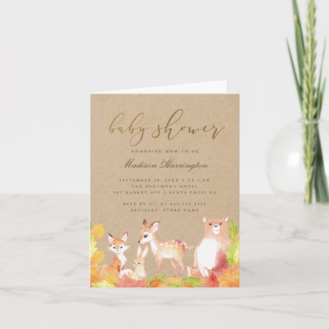 Invitación Cute Rustic Kraft Woodland Animals Baby Shower (Anverso)