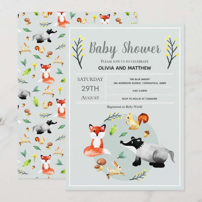 Invitación Cute Rustic Woodland Forest Animals Baby Shower (Anverso / Reverso)