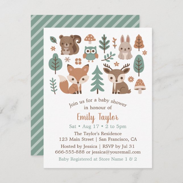 Invitación Cute Rustic Woodlands Animales Baby Shower (Anverso / Reverso)