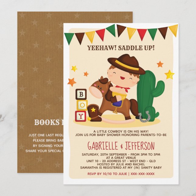 Invitación Cute Rústico Tema De Baby Shower De Cowboy (Anverso / Reverso)