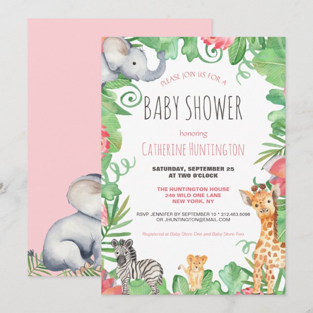 Invitación Cute Safari Animal Topic Floral Baby Shower (Anverso / Reverso)