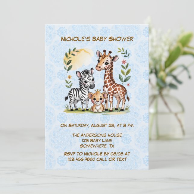 Invitación Cute Safari Animal Trio Boy Baby Shower (Anverso de pie)