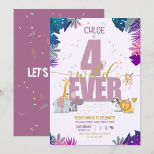 Invitación Cute Safari Animales Chicas Cuatro Años Salvajes