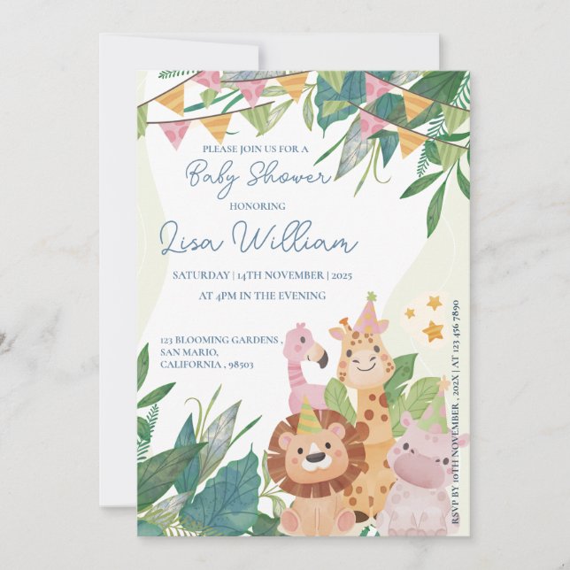 Invitación Cute Safari Animals Green Leafy Theme Baby Shower (Anverso)