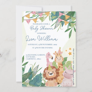 Invitación Cute Safari Animals Green Leafy Theme Baby Shower