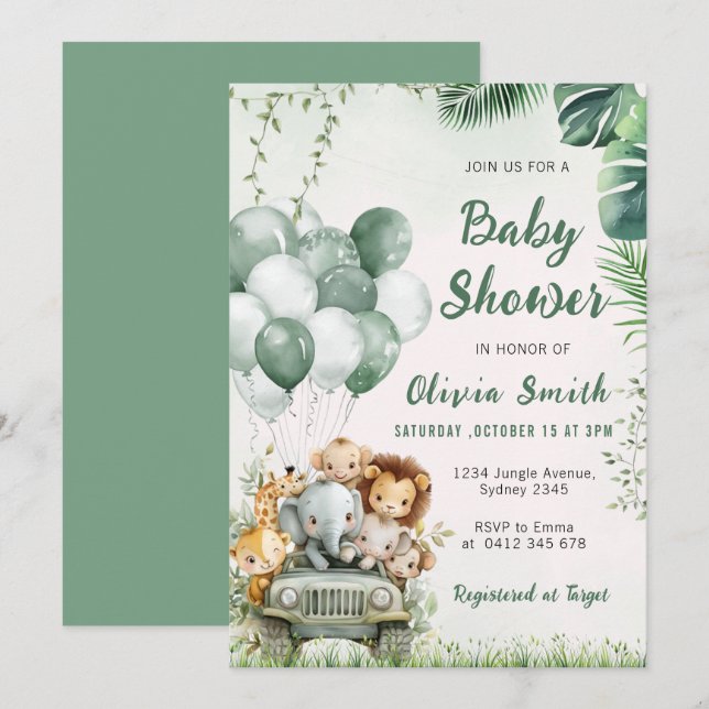 Invitación Cute Safari Animals Jungle Baby Shower (Anverso / Reverso)