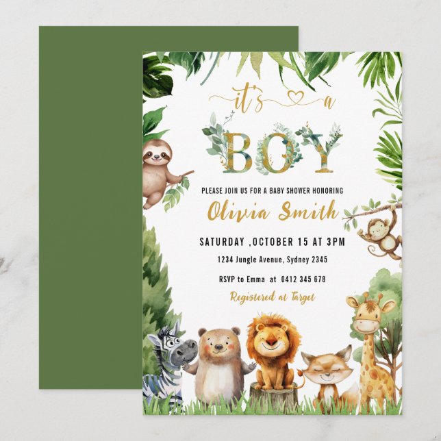 Invitación Cute Safari Animals Jungle Boy Baby Shower (Anverso / Reverso)