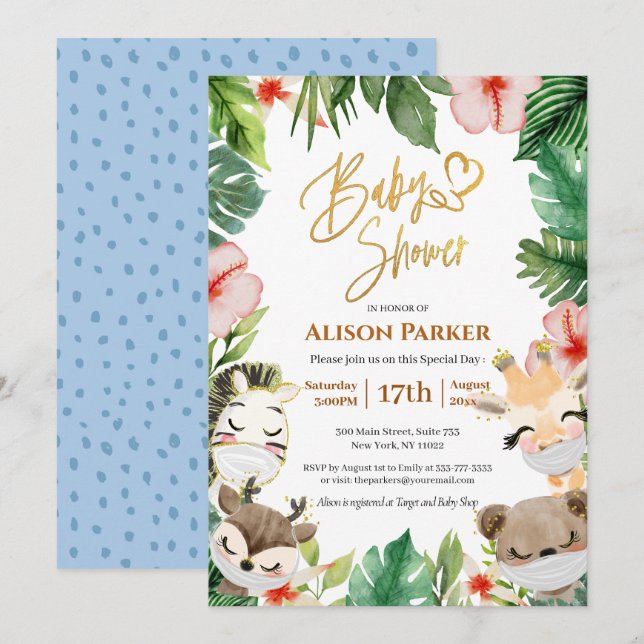 Invitación Cute Safari Animals Jungle Greenery Baby Shower (Anverso / Reverso)