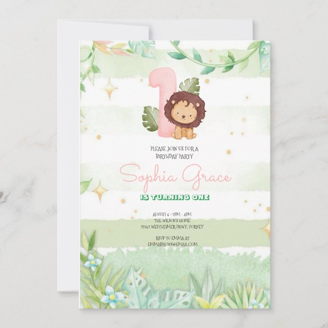 Invitación Cute Safari Animals primer cumpleaños (Anverso)