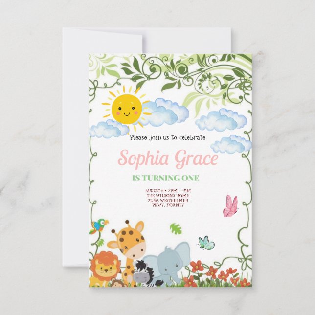 Invitación Cute Safari Animals primer cumpleaños (Anverso)