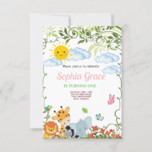 Invitación Cute Safari Animals primer cumpleaños