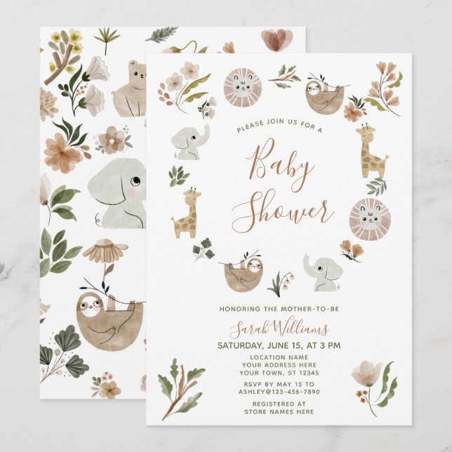 Invitación Cute Safari Animals Script Boho Baby Shower (Anverso / Reverso)