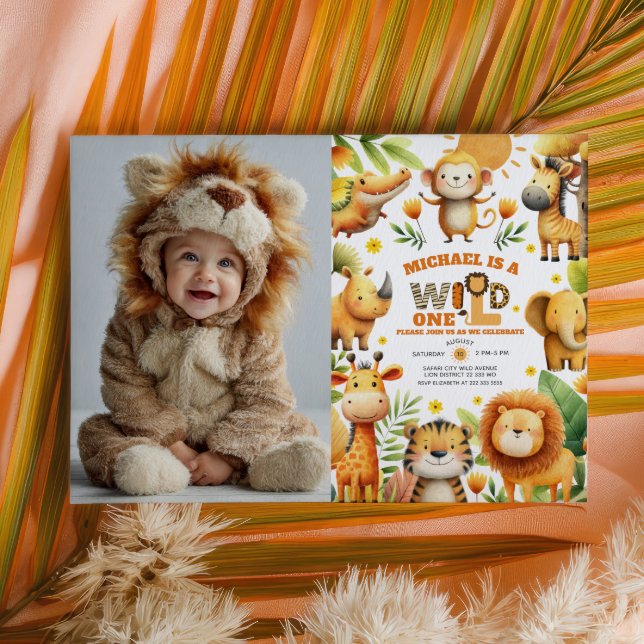 Invitación Cute Safari Animals WILD ONE 1st Birthday Photo  (Subido por el creador)