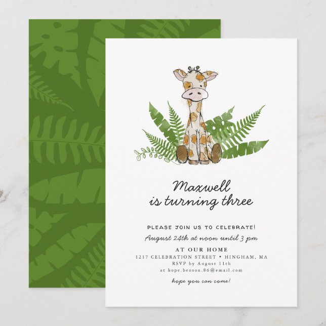 Invitación Cute Safari Giraffe con hojas de selva Cumpleaños (Anverso / Reverso)