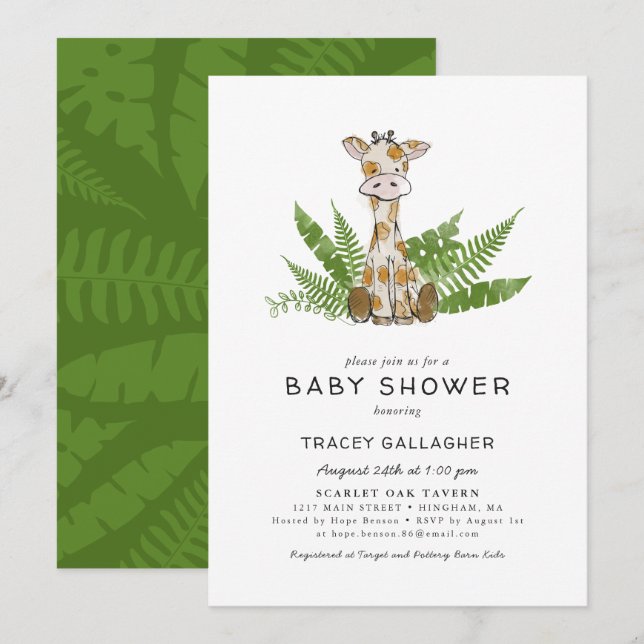 Invitación Cute Safari Giraffe con la selva deja Baby Shower (Anverso / Reverso)