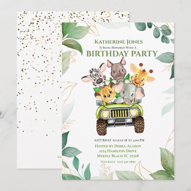 Invitación Cute Safari Jungle Animals Fiesta de cumpleaños (Anverso / Reverso)