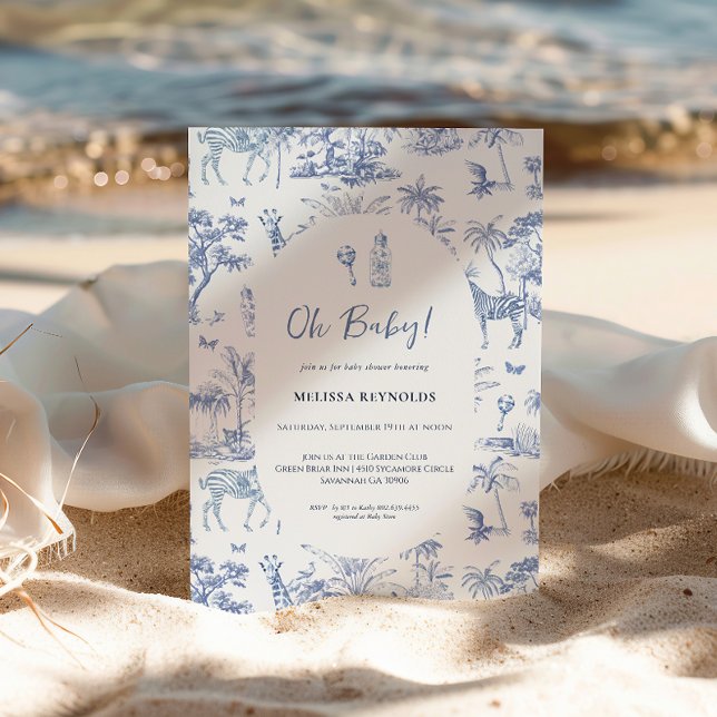 Invitación Cute Safari Toile de Jouy | Baby Shower azul (Subido por el creador)
