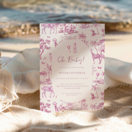 Invitación Cute Safari Toile de Jouy | Baby Shower rosa