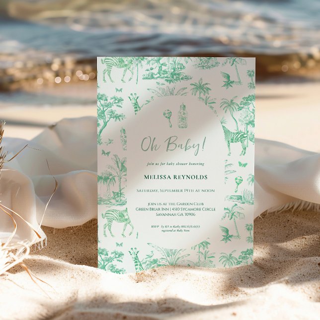 Invitación Cute Safari Toile de Jouy | Baby Shower verde (Subido por el creador)