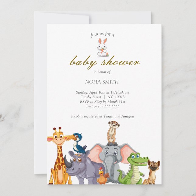 Invitación Cute Safari, vegetación animal, ducha de bebé (Anverso)