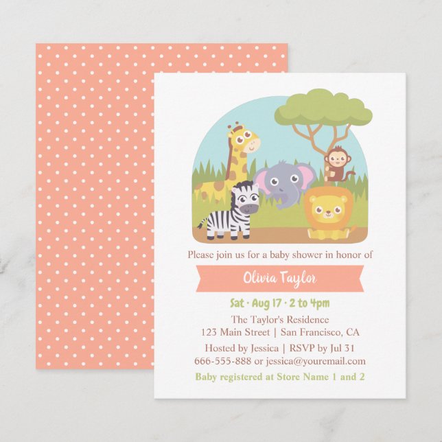 Invitación Cute Safari Wild Animals Baby Shower (Anverso / Reverso)