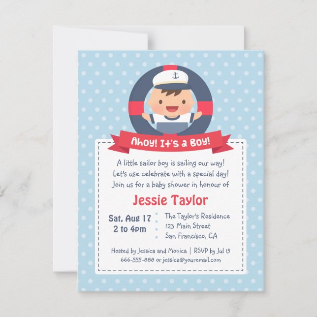 Invitación Cute Sailor Boy, Baby Shower Náutico (Anverso)