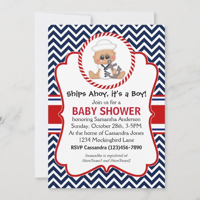 Invitación Cute Sailor Boy Nautical Baby Shower (Anverso)