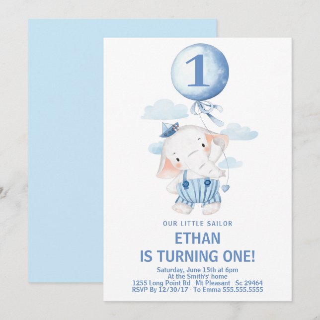 Invitación Cute Sailor Elephant Boy 1 Fiesta de cumpleaños (Anverso / Reverso)
