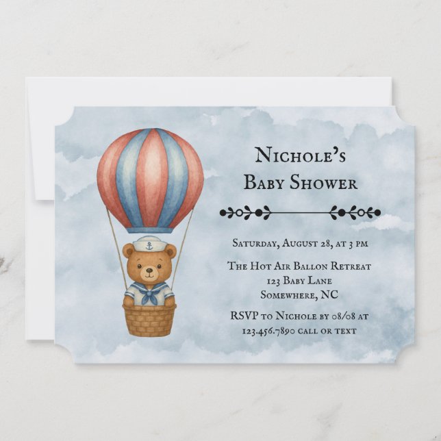 Invitación Cute Sailor Hot Air Balloon Boy Baby Shower (Anverso)