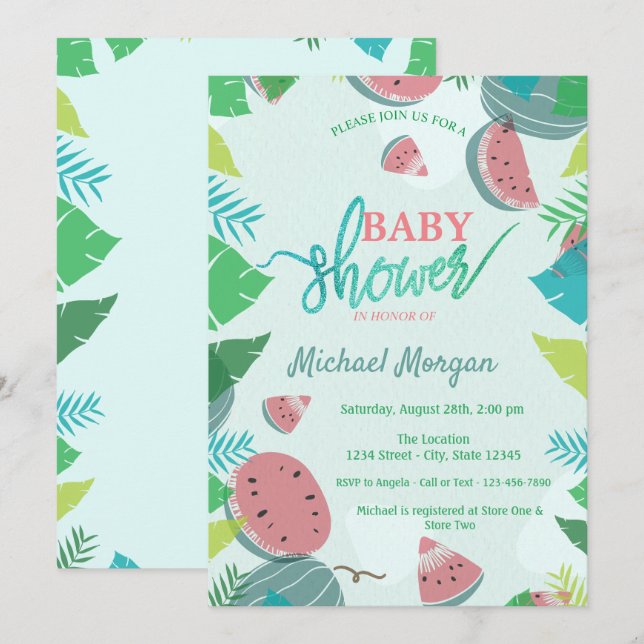 Invitación Cute sandía, Baby Shower de hojas tropicales (Anverso / Reverso)
