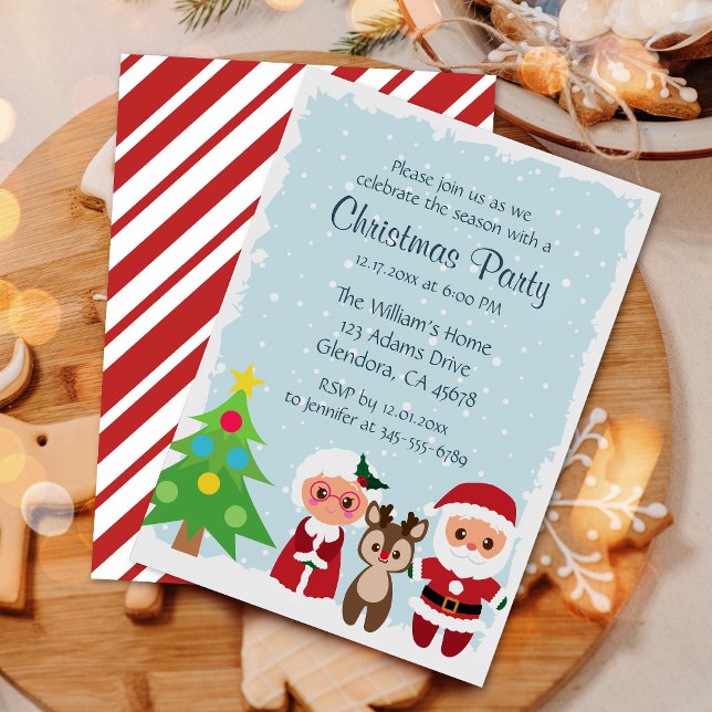 Invitación Cute Santa | Reno | Fiesta de Navidades de Snow Fl (Invite your guests with our cute Christmas party invitations featuring Santa, Mrs. Claus & reindeer!)