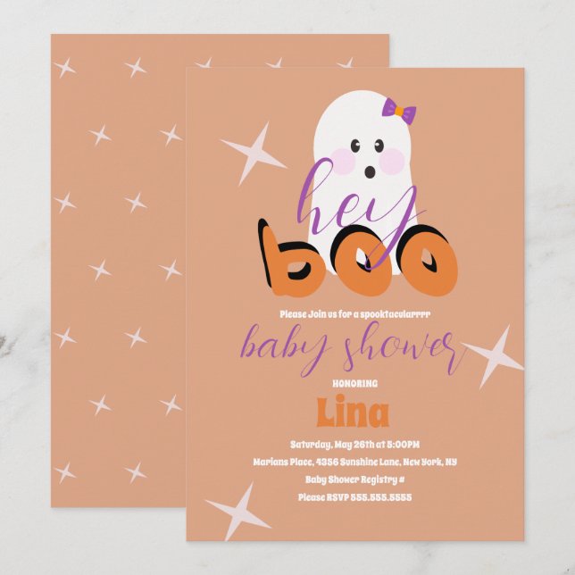 Invitación Cute Script Retro de Halloween de Fantasma para Ba (Anverso / Reverso)