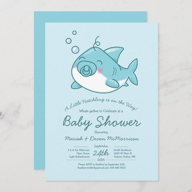 Invitación Cute Shark Baby Shower Kawaii Blue Boy (Anverso / Reverso)