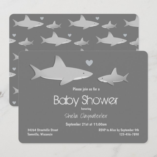 Invitación Cute Shark Grey Baby Shower (Anverso / Reverso)