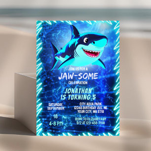 Invitación Cute Shark Neon Glow Blue Pool Fiestas Niños Cumpl