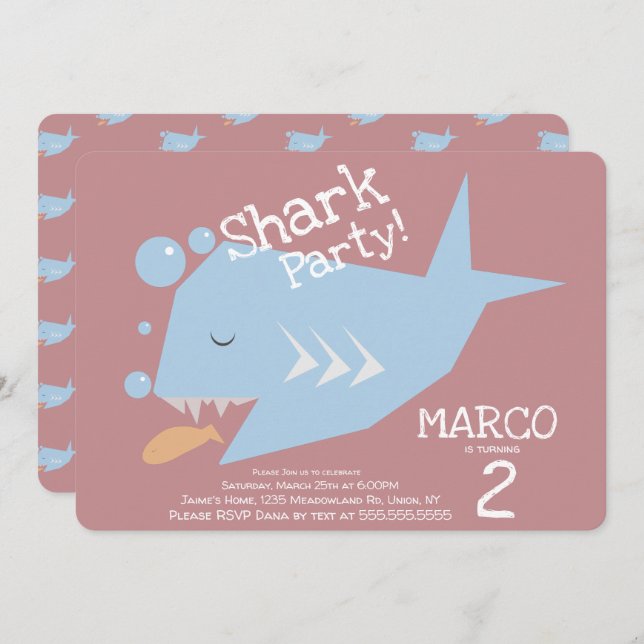 Invitación Cute Shark Pescado Geométrico Cualquier Edad Cumpl (Anverso / Reverso)