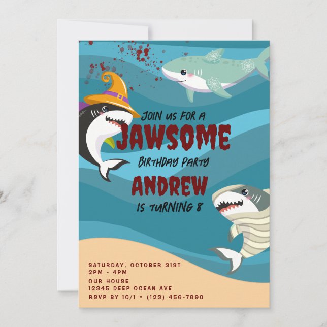 Invitación Cute Shark Tema Ocean Halloween Disstume Cumpleaño (Anverso)