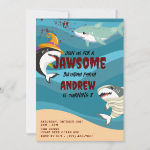 Invitación Cute Shark Tema Ocean Halloween Disstume Cumpleaño
