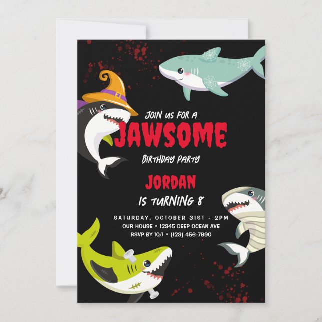 Invitación Cute Shark Tema Ocean Halloween Disstume Cumpleaño (Anverso)