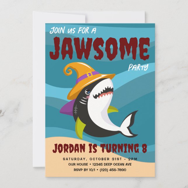 Invitación Cute Shark Tema Ocean Halloween Disstume Cumpleaño (Anverso)