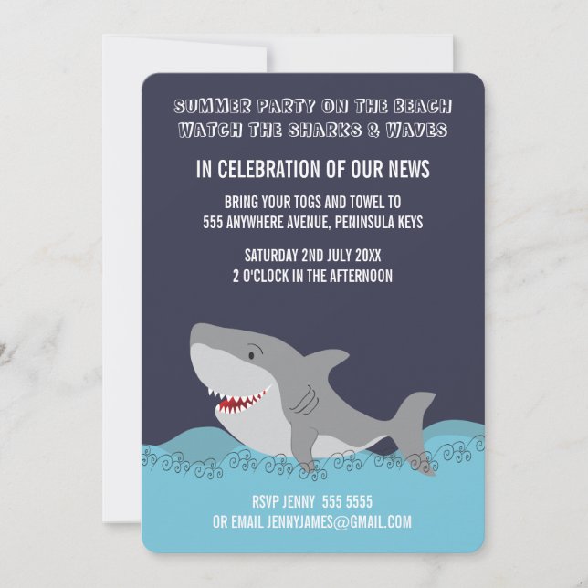 Invitación Cute Shark Theme Summer Beach Ocean Party (Anverso)