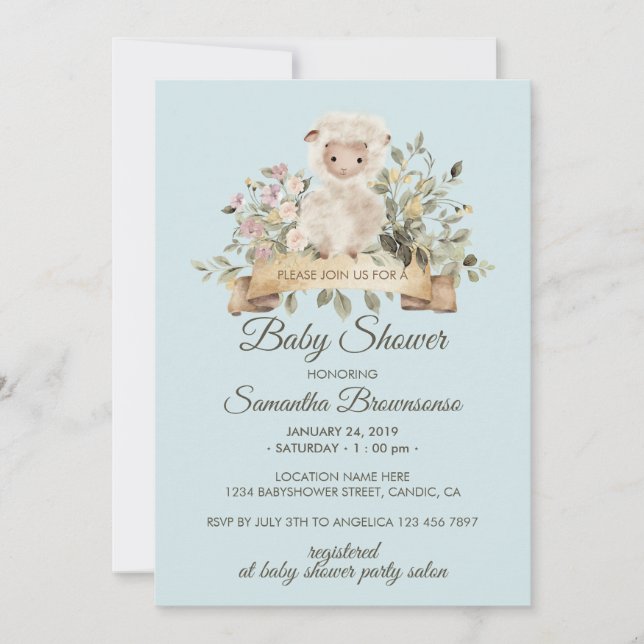 Invitación Cute Sheep Lamb Botanical Blue Baby Shower (Anverso)