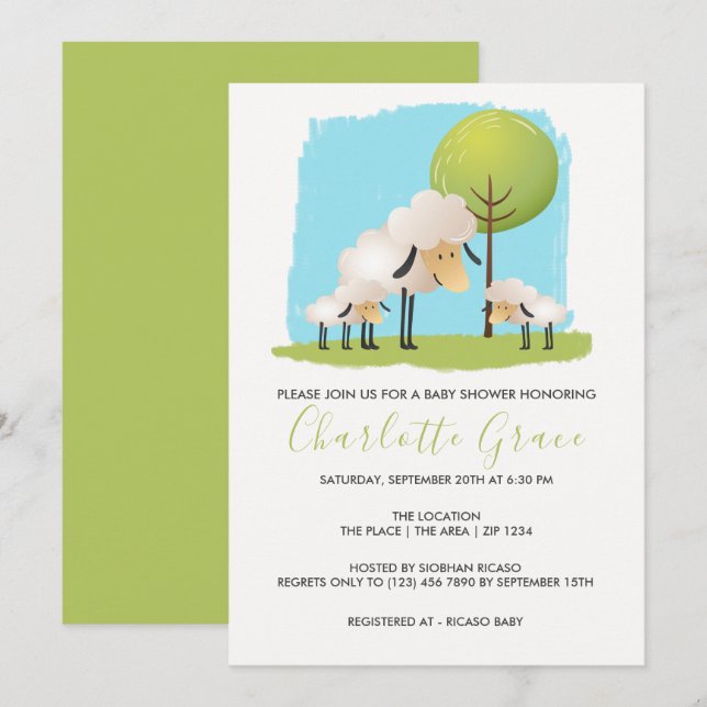 Invitación Cute Sheep Y Lambs Personalizados Twin Baby Shower (Anverso / Reverso)