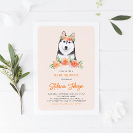 Invitación Cute Siberian Husky Peach Floral Baby Shower